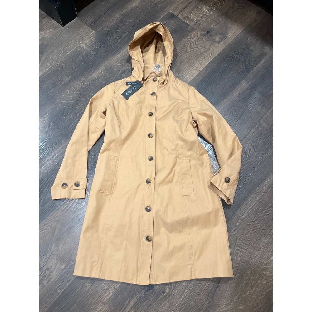 Rachel‎ Zoe Tan Water Resistant Hooded Trench Coat NWT Camel Button Front Small